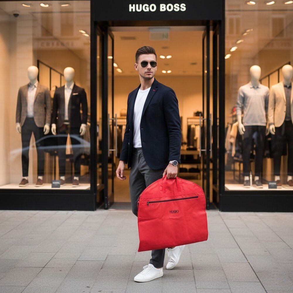 Hugo Boss NWOT Red Zip Closure Garment Bag, H: 48” x W: 26”